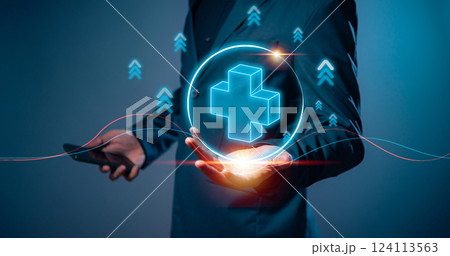 Businessman holding virtual blue plus sign to offer positive thing with thinking mindset or healthcare insurance symbol concept, like benefits, personal development, health insurance, growth concepts. Businessman holding virtual blue plus sign to offer positive thing with thinking mindset or healthcare insurance symbol concept, like benefits, personal development, health insurance, growth concepts. 124113563