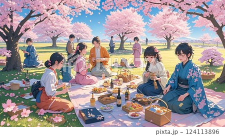 桜の木の下で花見 124113896