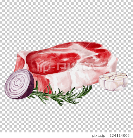 Piece of fresh meat with onion and garlic. Steak with rosemary. Watercolor illustration isolated from background. Half of red onion and chopped garlic. High quality illustration 124114003