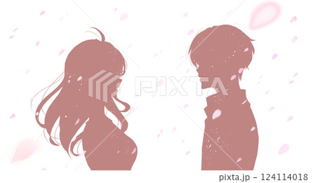 桜吹雪の中向かい合う男女 影絵 桜吹雪の中向かい合う男女 影絵 124114018
