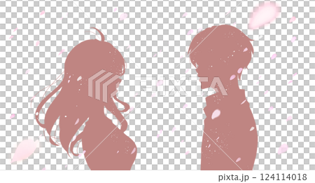 桜吹雪の中向かい合う男女 影絵 桜吹雪の中向かい合う男女 影絵 124114018