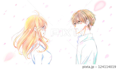 桜吹雪の中向かい合う男女 124114019