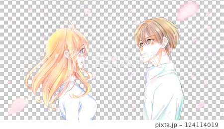 桜吹雪の中向かい合う男女 124114019