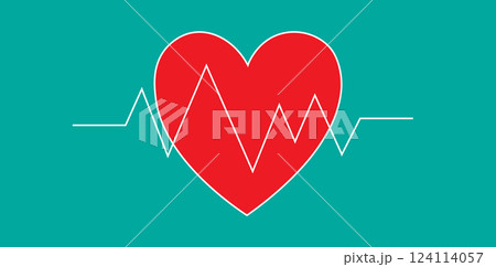 Red heart with electrocardiogram line on teal background Red heart with electrocardiogram line on teal background 124114057