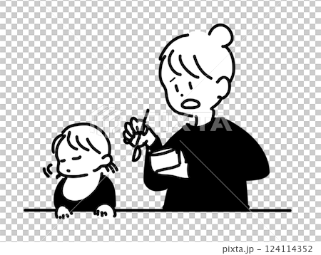 不吃嬰兒食品的孩子和母親 不吃嬰兒食品的孩子和母親 124114352