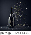 Black champagne bottle silhouette golden bubbles explosion. High quality photo 124114369