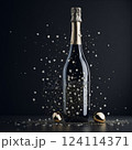 Black champagne bottle silhouette golden bubbles explosion. High quality photo 124114371