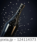 Black champagne bottle silhouette golden bubbles explosion. High quality photo 124114373
