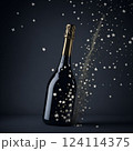 Black champagne bottle silhouette golden bubbles explosion. High quality photo 124114375