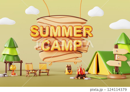 3d summer camp invitation poster with tent, campfire, wooden signboard. Cartoon landscape with trees, chairs, backpack, bowler. Forest camping, vacation, hiking trip, Render ad flyer. 3D illustration 124114379