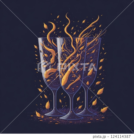 Clinking glasses with wine and toasting against a blue sky, cheers concept. Computer generated illustration. High quality photo 124114387