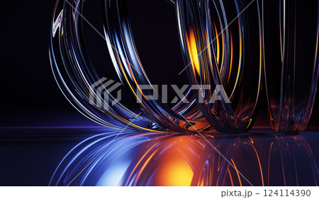 Neon glass circle 3d shapes with blue and gold light reflection on water surface. Abstract black background with row of crystal bright rings. Holographic transparent circular lines. 3D illustration 124114390