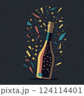 Black champagne bottle silhouette golden bubbles explosion. High quality photo 124114401