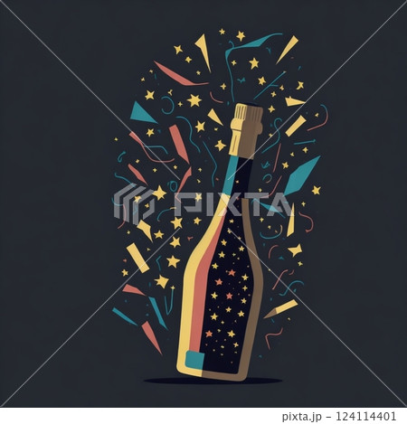 Black champagne bottle silhouette golden bubbles explosion. High quality photo 124114401