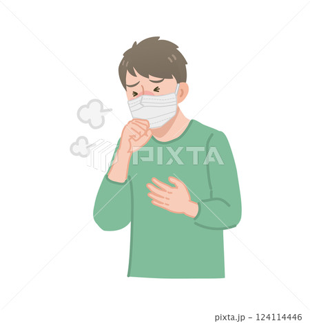 マスクをつけて咳こむ男性 124114446