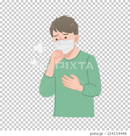 マスクをつけて咳こむ男性 124114446