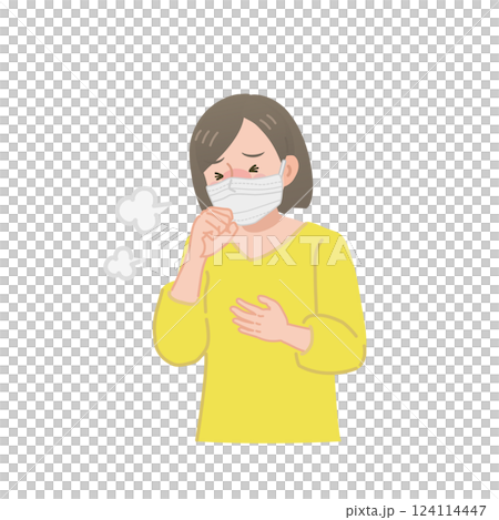 A woman coughing while wearing a mask 124114447