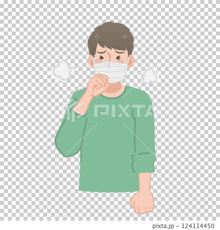 Man coughing while wearing a mask 124114450