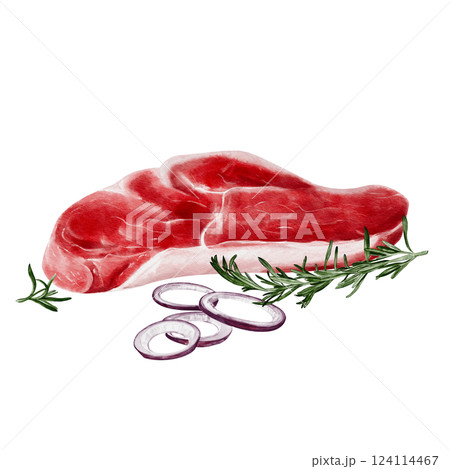 Raw steak. Piece of meat with onion and rosemary. Watercolor illustration isolated from background. Beef or lamb meat. Red onion cut into rings. High quality illustration 124114467