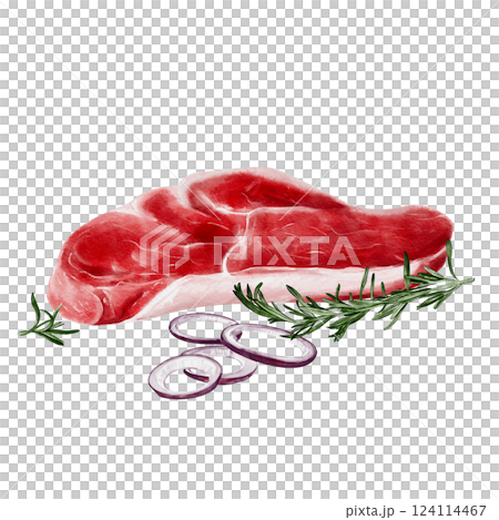 Raw steak. Piece of meat with onion and rosemary. Watercolor illustration isolated from background. Beef or lamb meat. Red onion cut into rings. High quality illustration 124114467