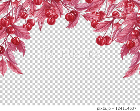 Frame with cherry branches located on top. Red berries cherries twigs. Watercolor illustration in monochrome style isolated from background. For packaging frozen ice cream, dessert, jelly, marmalade Frame with cherry branches located on top. Red berries cherries twigs. Watercolor illustration in monochrome style isolated from background. For packaging frozen ice cream, dessert, jelly, marmalade 124114637