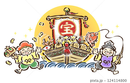 黄金に輝く宝船に喜ぶ恵比寿天と大黒天　筆タッチ手描きイラスト 124114800