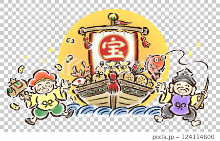 黄金に輝く宝船に喜ぶ恵比寿天と大黒天　筆タッチ手描きイラスト 124114800