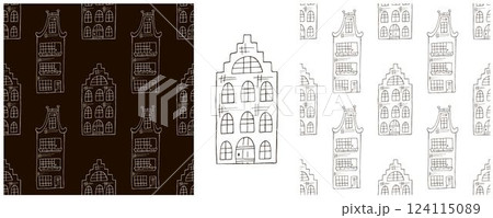 Monochrome houses. Set city seamless patterns 124115089