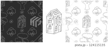 Monochrome houses. Set city seamless patterns 124115135