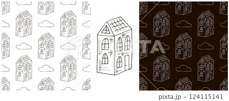 Monochrome houses. Set city seamless patterns 124115141