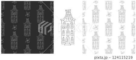 Monochrome houses. Set city seamless patterns Monochrome houses. Set city seamless patterns 124115219