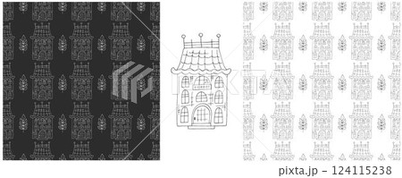 Monochrome houses. Set city seamless patterns 124115238