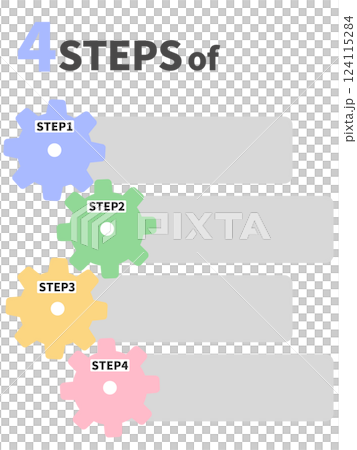 Diagram of gears arranged vertically to explain the steps. Illustration of four gears meshing in four colors. 124115284