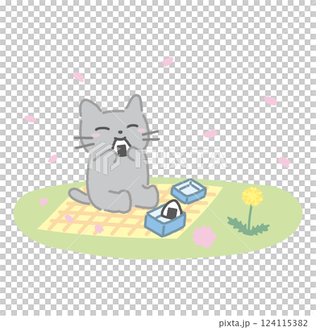 Illustration of a cat eating rice balls at a cherry blossom viewing party and enjoying spring Illustration of a cat eating rice balls at a cherry blossom viewing party and enjoying spring 124115382