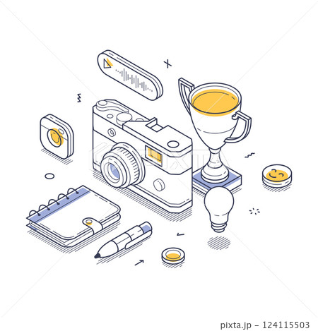 Creative tools and elements for content creation displayed in isometric line art style 124115503