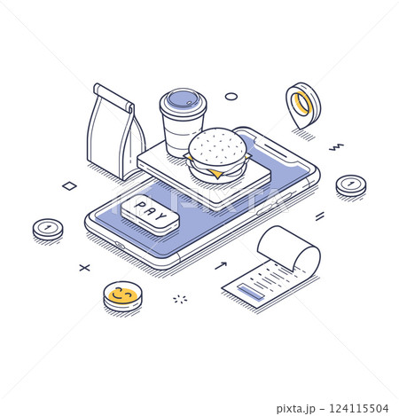 Fast food delivery service with mobile payment illustration in isometric line art style 124115504