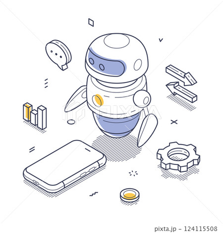 Detailed isometric line art illustration of an AI chat bot interacting with various digital elements Detailed isometric line art illustration of an AI chat bot interacting with various digital elements 124115508