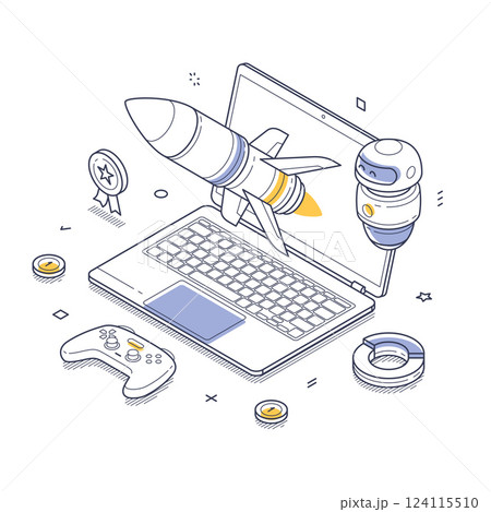 Illustrative design of online gaming elements with rocket and controller in isometric view 124115510