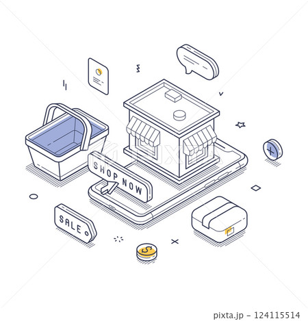 Online marketplace with shopping elements in isometric line art design 124115514