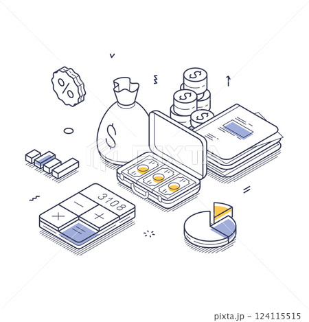 Business investment concept with isometric line art illustrations of financial elements Business investment concept with isometric line art illustrations of financial elements 124115515