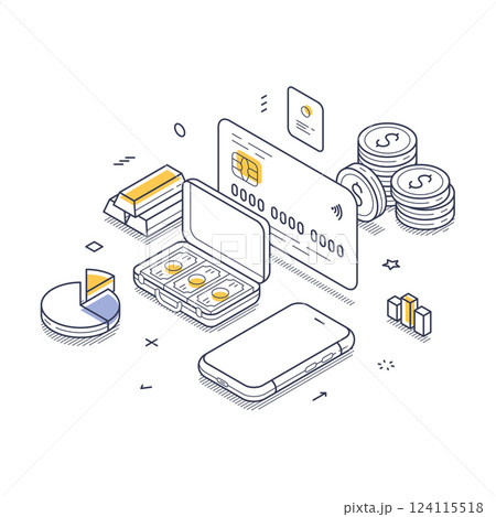 Illustration of online deposits with vector elements and isometric line art design 124115518