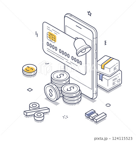 Cash back concept in isometric line art with mobile device, coins, and credit card elements 124115523