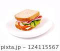 Healthy ham sandwich with cheese, tomatoes on white background 124115567
