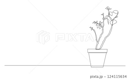 Plant in a pot continuous line drawing, trendy one line art vector illustration. Plant in a pot continuous line drawing, trendy one line art vector illustration. 124115634