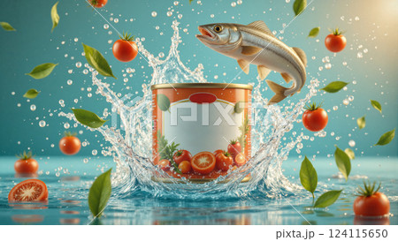 Canned fish or sardine in the midst of splashing water And canned fish and fresh tomato. 124115650