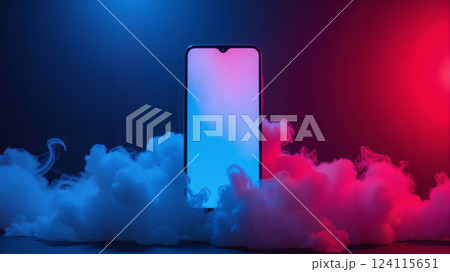 A white-screen smartphone enveloped in blue and pink-hued smoke, highlighting its exciting, modern design and standout features. A white-screen smartphone enveloped in blue and pink-hued smoke, highlighting its exciting, modern design and standout features. 124115651