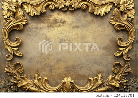 Vintage Grunge Frame with Gold Leaf Details on Old Stone Wall Background 124115701