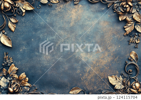 Vintage Grunge Frame with Gold Leaf Details Against Stone Wall Background 124115704