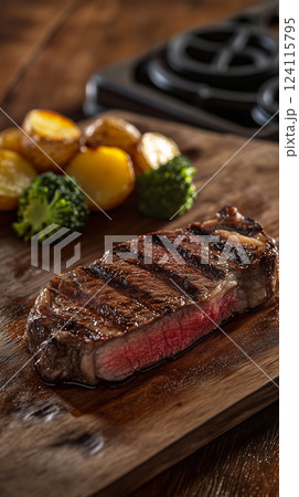 Juicy Ribeye Steak with Roasted Potatoes and Broccoli on Elegant Wooden Plate 124115795