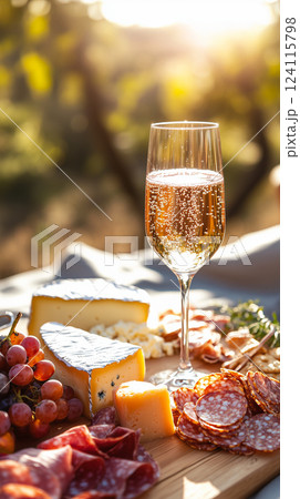 Sparkling Wine Glass with Cheese and Charcuterie in Summer Picnic Setting 124115798